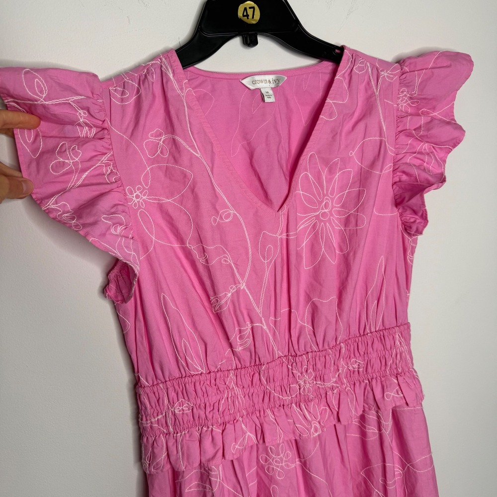 Crown & Ivy Pink Floral Embroidered Flutter Sleeve Smocked Midi Dress Womens M - Picture 4 of 8